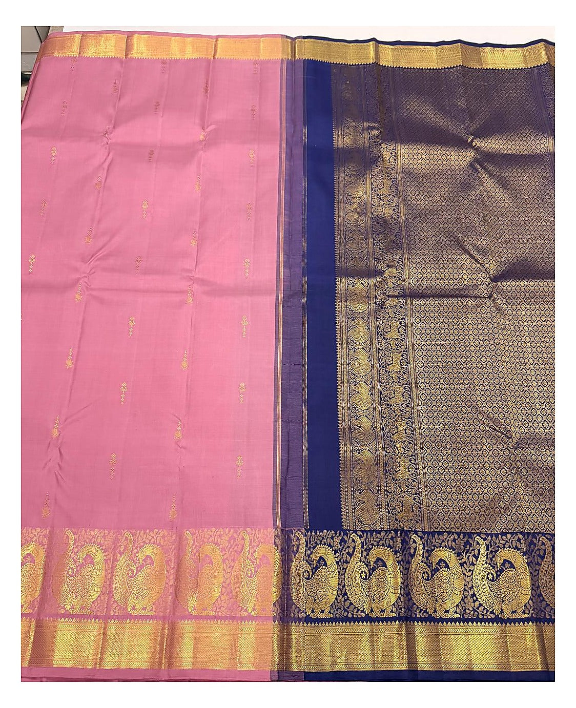 Rose Pink Handwoven Kanchipuram Silk Saree with Peacock Border and Royal Blue Pallu