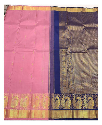 Rose Pink Handwoven Kanchipuram Silk Saree with Peacock Border and Royal Blue Pallu