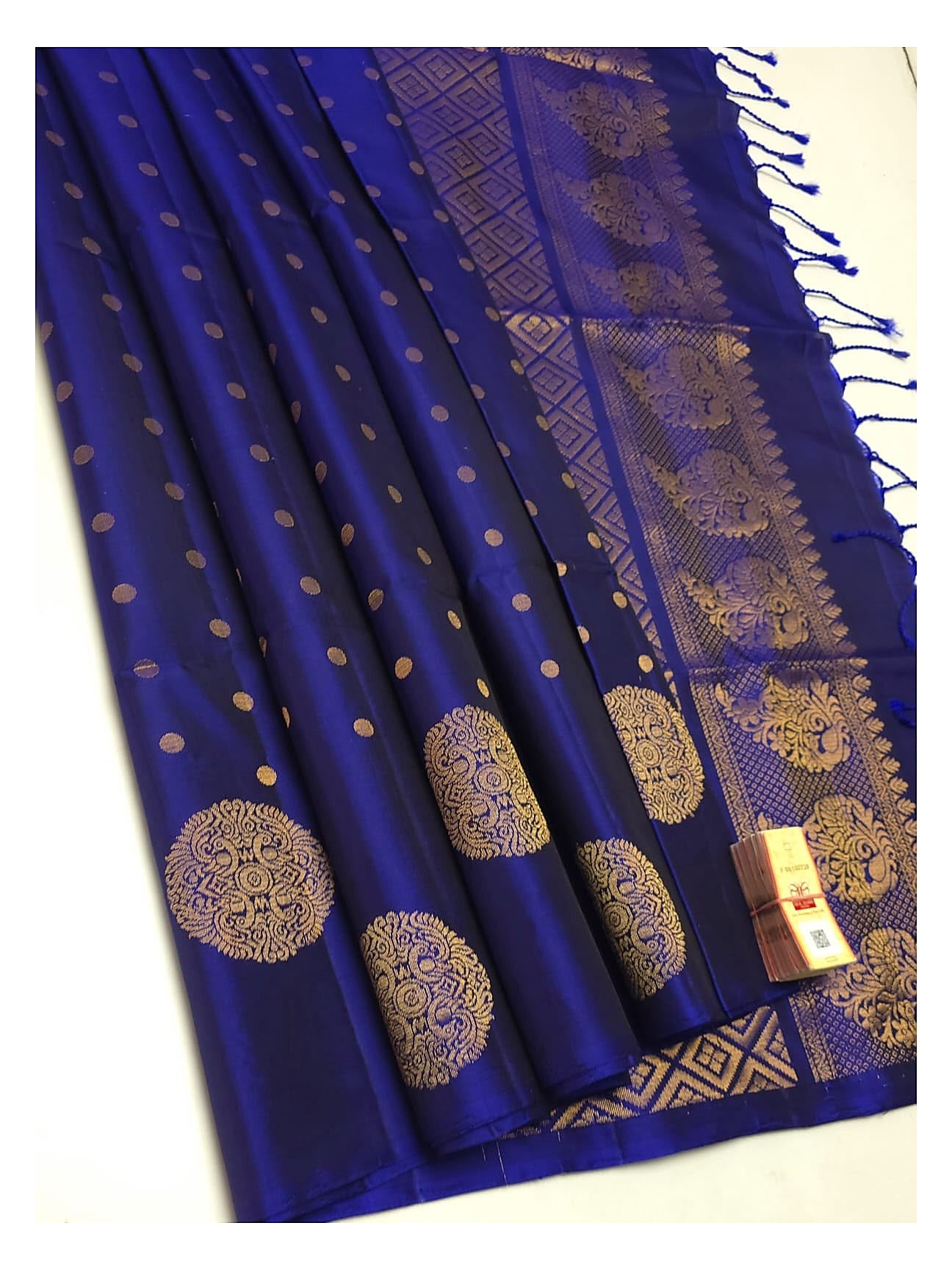 Royal blue handloom pure soft silk saree with gold woven buttas and rich pallu