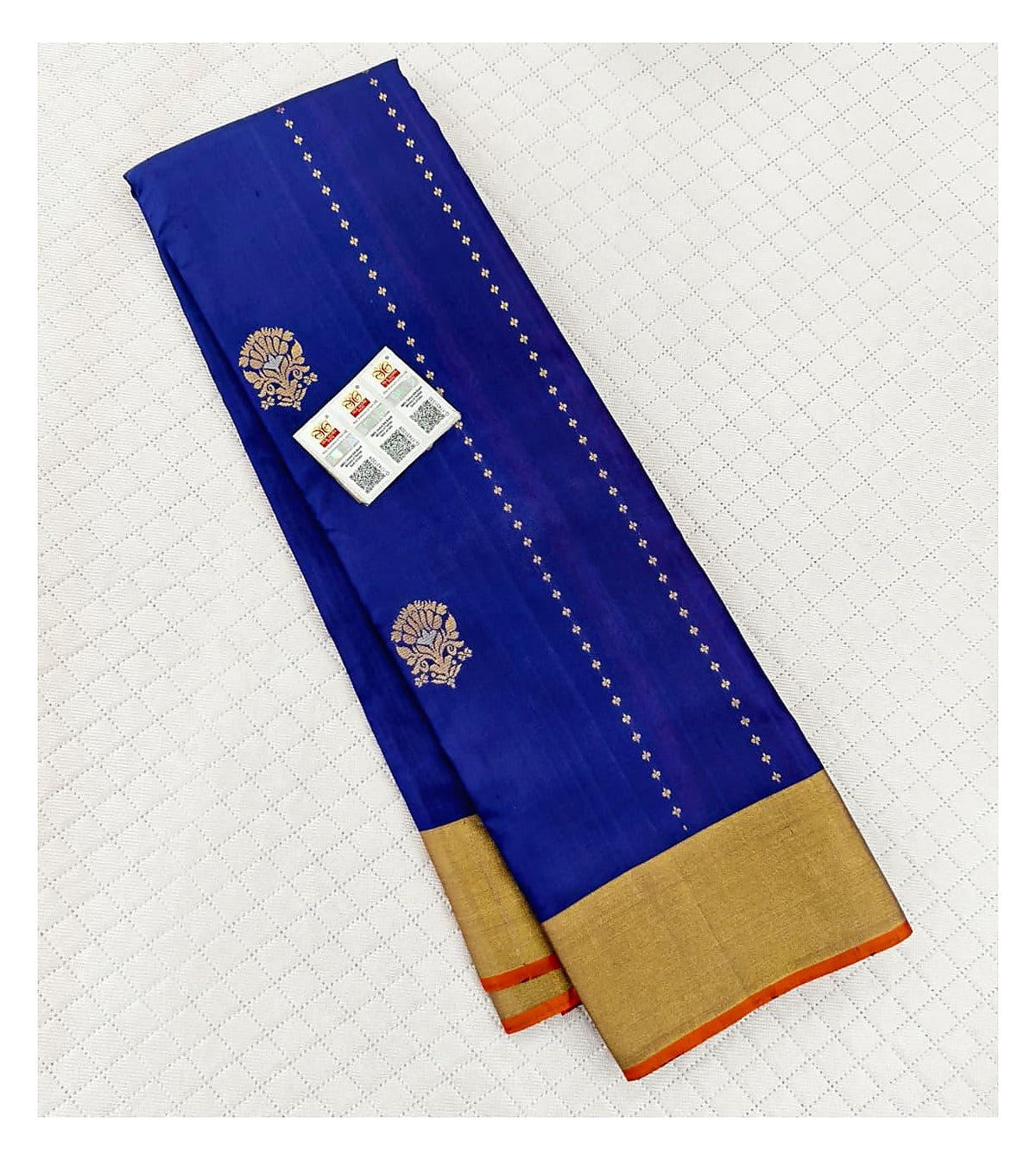 Royal Blue Handwoven Kanchipuram Pure Soft Silk Saree with Gold Butta Motifs and Pink-Orange Contrast Pallu front view