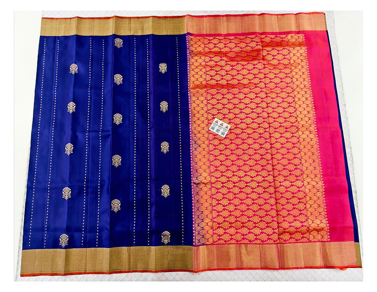 Royal Blue Handwoven Kanchipuram Pure Soft Silk Saree with Gold Butta Motifs and Pink-Orange Contrast Pallu