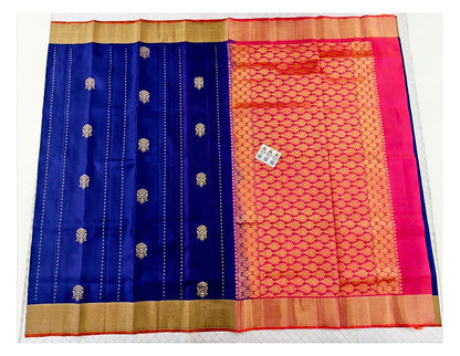 Royal Blue Handwoven Kanchipuram Pure Soft Silk Saree with Gold Butta Motifs and Pink-Orange Contrast Pallu