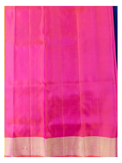 Royal Blue Handwoven Kanchipuram Pure Soft Silk Saree with Gold Butta Motifs and Pink-Orange Contrast Pallu