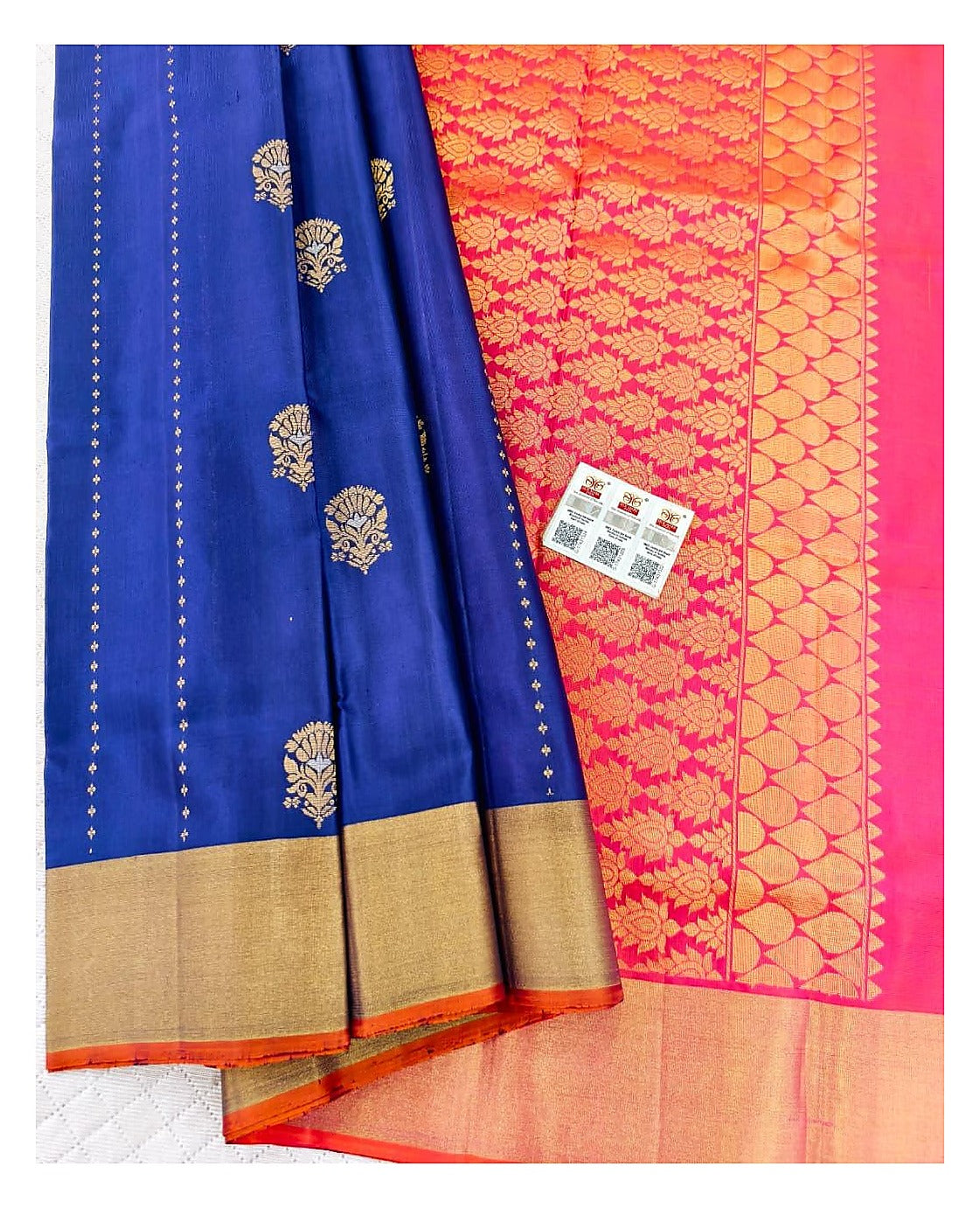 Royal Blue Handwoven Kanchipuram Pure Soft Silk Saree with Gold Butta Motifs and Pink-Orange Contrast Pallu