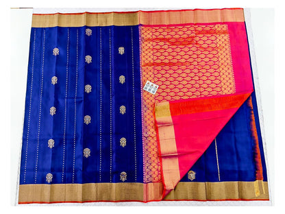 Royal Blue Handwoven Kanchipuram Pure Soft Silk Saree with Gold Butta Motifs and Pink-Orange Contrast Pallu