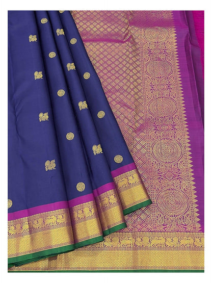 Royal Blue Handwoven Kanchipuram Silk Saree with Contrast Magenta Pallu front view