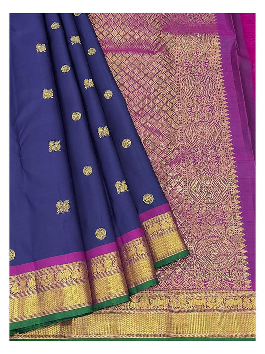Royal Blue Handwoven Kanchipuram Silk Saree with Contrast Magenta Pallu front view