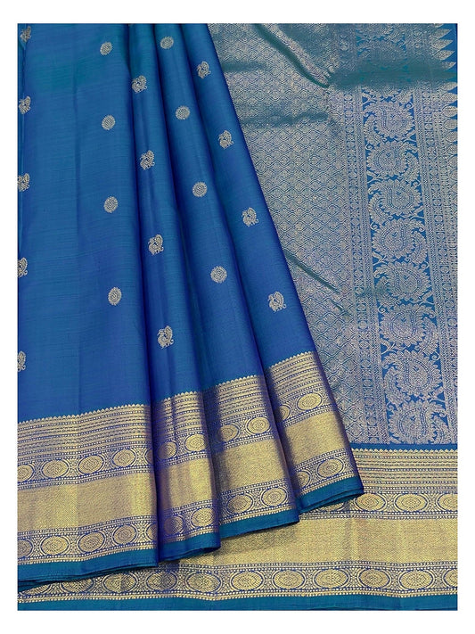 Royal Blue Handwoven Kanchipuram Silk Saree with Gold Border and Buttas