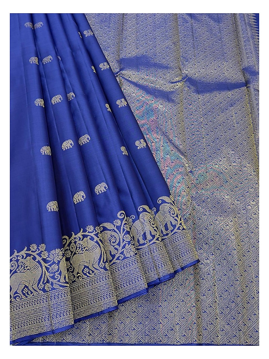 Royal Blue Handwoven Kanchipuram Silk Saree with Gold Elephant Motifs and Broad Elephant Zari Border front view