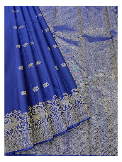 Royal Blue Handwoven Kanchipuram Silk Saree with Gold Elephant Motifs and Broad Elephant Zari Border front view