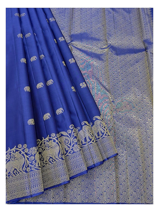 Royal Blue Handwoven Kanchipuram Silk Saree with Gold Elephant Motifs and Broad Elephant Zari Border front view
