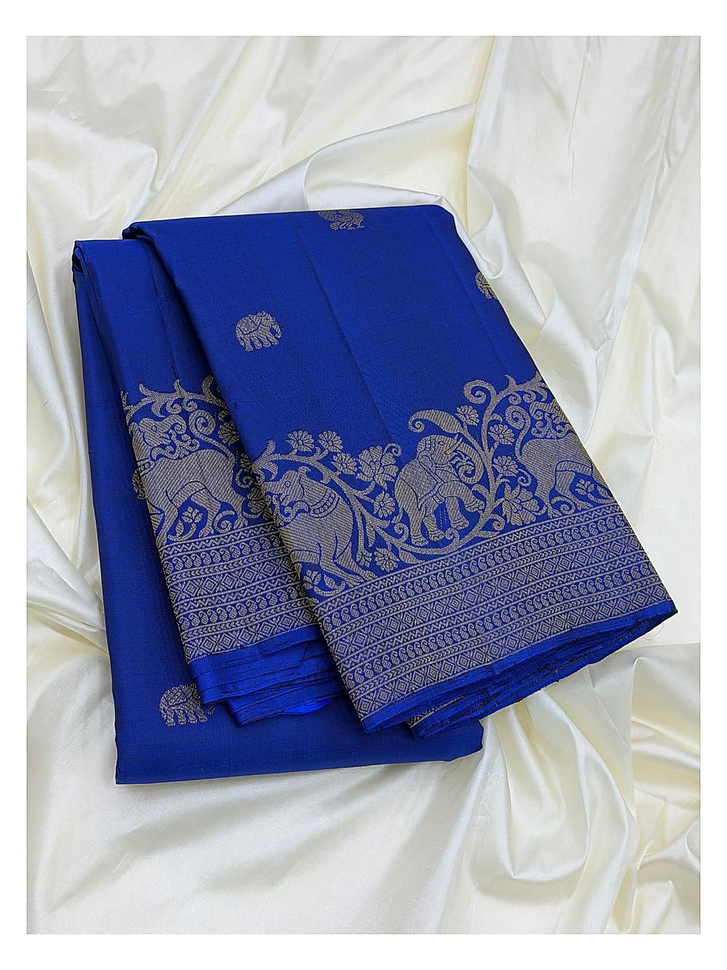 Royal Blue Handwoven Kanchipuram Silk Saree with Gold Elephant Motifs and Broad Elephant Zari Border