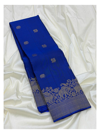 Royal Blue Handwoven Kanchipuram Silk Saree with Gold Elephant Motifs and Broad Elephant Zari Border