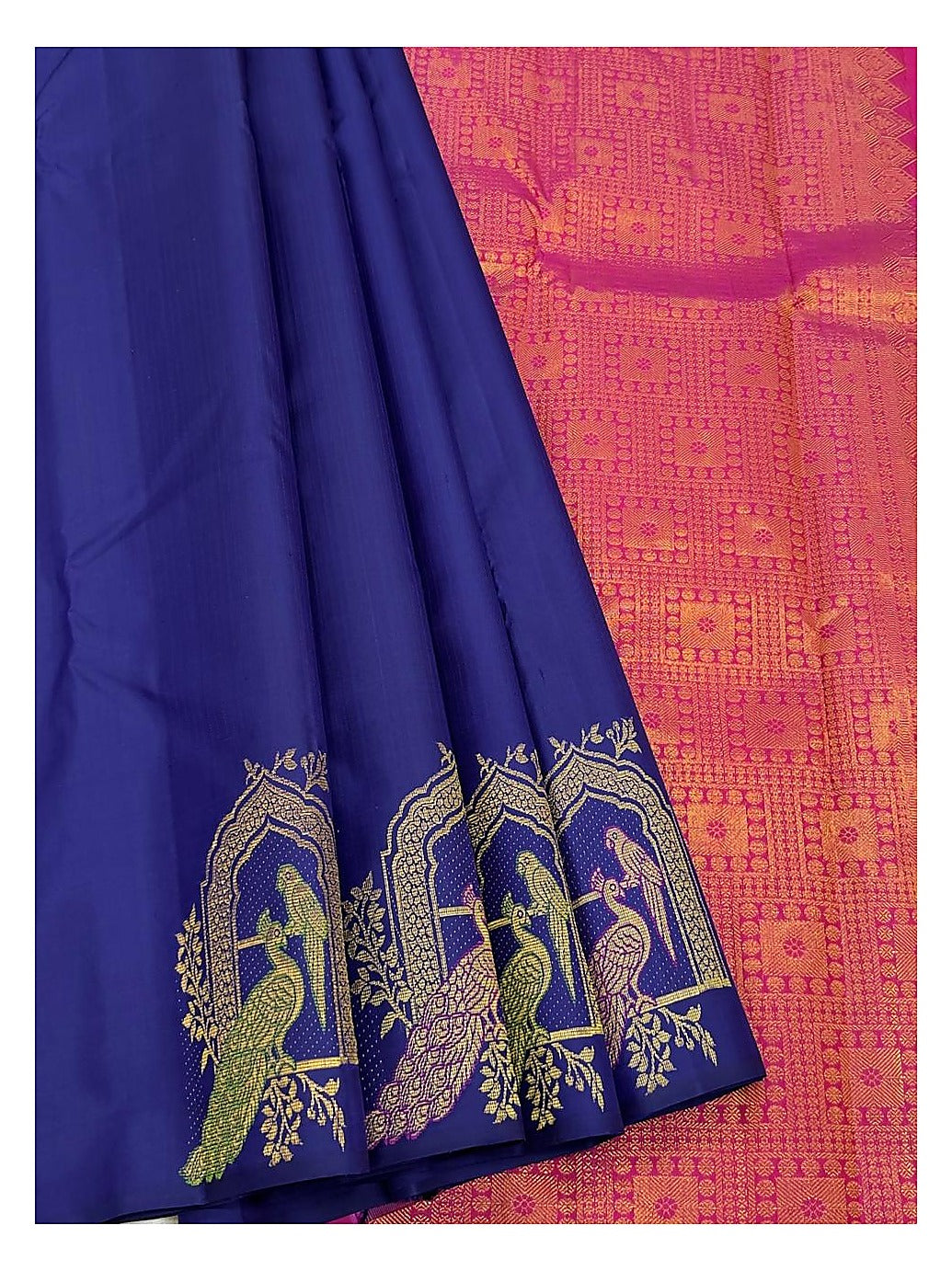 Royal Blue Handwoven Kanchipuram Silk Saree with Gold Peacock Motifs and Contrast Coral Pink Pallu front view