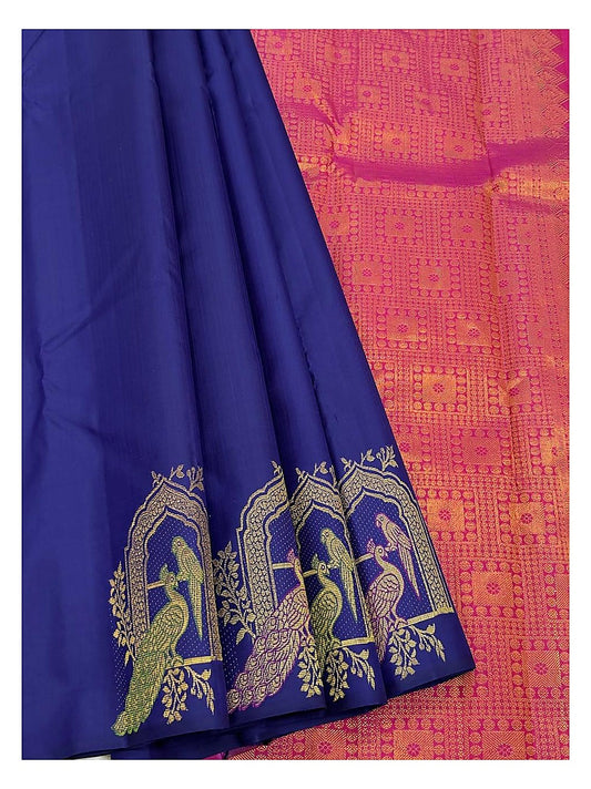 Royal Blue Handwoven Kanchipuram Silk Saree with Gold Peacock Motifs and Contrast Coral Pink Pallu front view