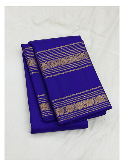 Royal Blue Handwoven Kanchipuram Silk Saree with Gold-Toned Woven Border front view