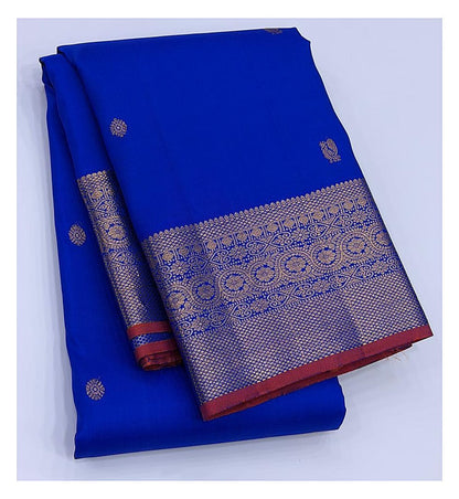 Royal Blue Handwoven Kanchipuram Silk Saree with Gold Zari Border front view