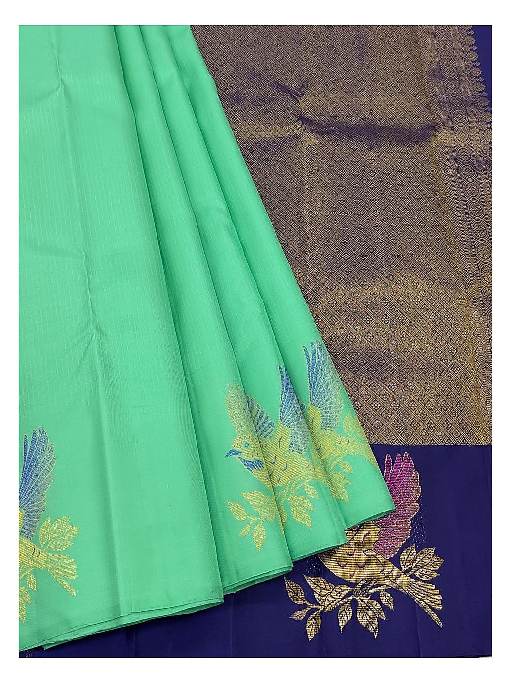Royal Blue Handwoven Kanchipuram Silk Saree with Mint Green Bird Motifs and Contrast Mint Zari Border front view