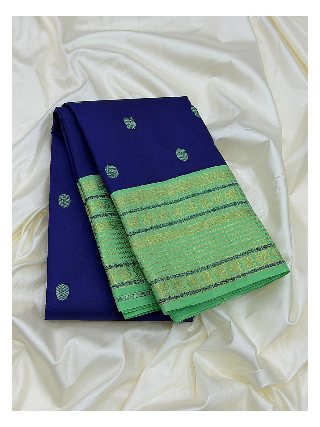 Royal Blue Handwoven Kanchipuram Silk Saree with Mint Green Bird Motifs and Contrast Mint Zari Border
