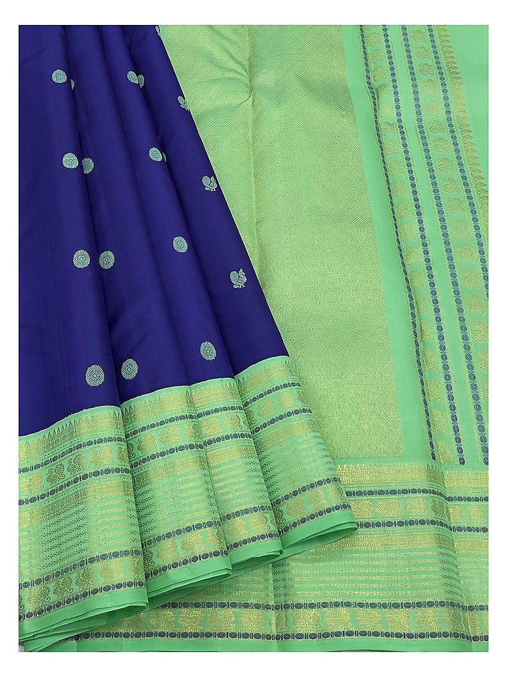 Royal Blue Handwoven Kanchipuram Silk Saree with Mint Green Butta Motifs and Contrast Mint Zari Border front view