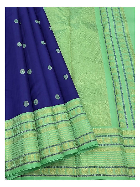 Royal Blue Handwoven Kanchipuram Silk Saree with Mint Green Butta Motifs and Contrast Mint Zari Border front view