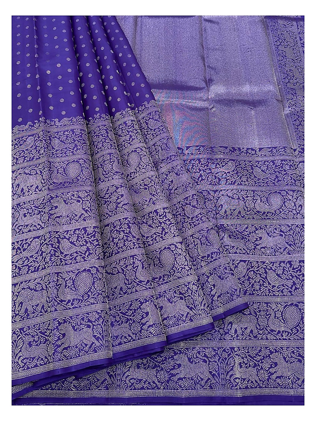 Royal Blue Handwoven Kanchipuram Silk Saree with Silver Butta Motifs and Broad Animal-Paisley Zari Border front view