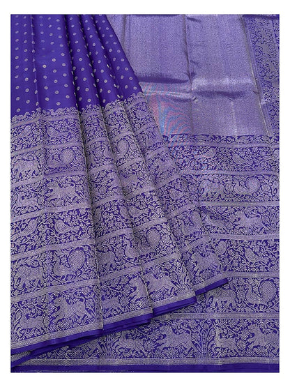 Royal Blue Handwoven Kanchipuram Silk Saree with Silver Butta Motifs and Broad Animal-Paisley Zari Border front view