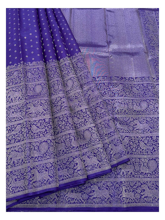 Royal Blue Handwoven Kanchipuram Silk Saree with Silver Butta Motifs and Broad Animal-Paisley Zari Border front view