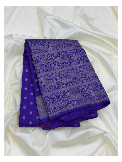 Royal Blue Handwoven Kanchipuram Silk Saree with Silver Butta Motifs and Broad Animal-Paisley Zari Border