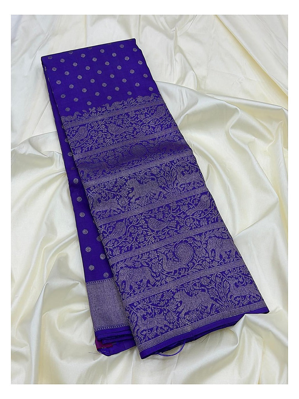 Royal Blue Handwoven Kanchipuram Silk Saree with Silver Butta Motifs and Broad Animal-Paisley Zari Border