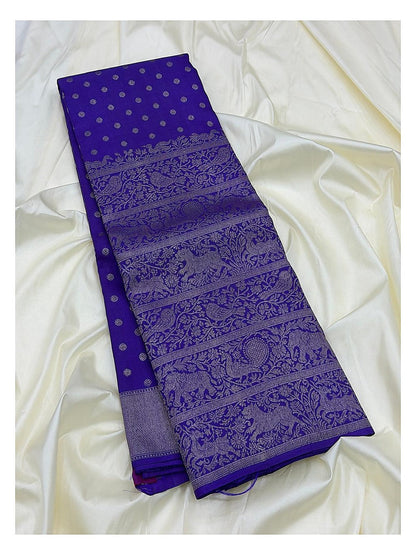Royal Blue Handwoven Kanchipuram Silk Saree with Silver Butta Motifs and Broad Animal-Paisley Zari Border