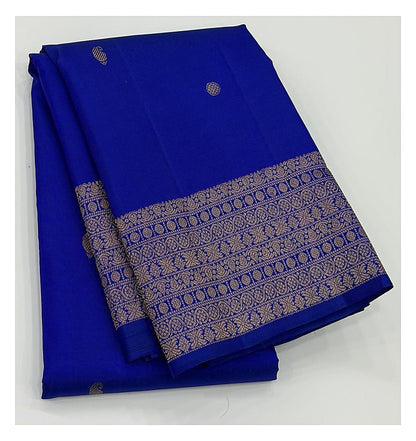 Royal Blue Handwoven Kanchipuram Silk Saree with Zari Buttas and Broad Gold Border front view