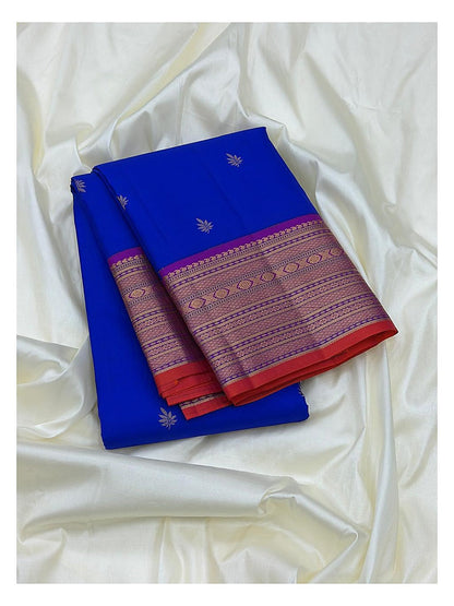 Royal Blue Pure Silk Saree with Gold Butta Motifs and Contrast Magenta Border front view