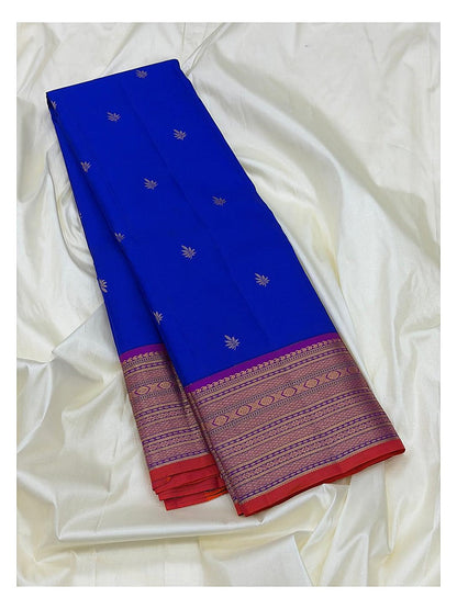 Royal Blue Pure Silk Saree with Gold Butta Motifs and Contrast Magenta Border
