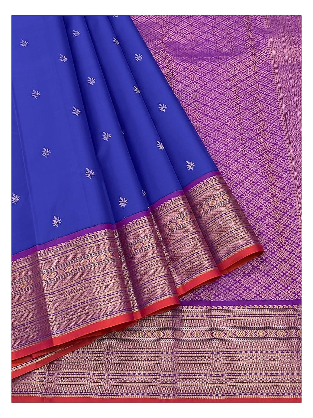 Royal Blue Pure Silk Saree with Gold Butta Motifs and Contrast Magenta Border