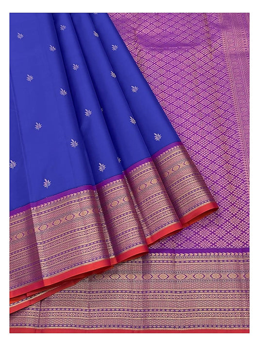 Royal Blue Pure Silk Saree with Gold Butta Motifs and Contrast Magenta Border