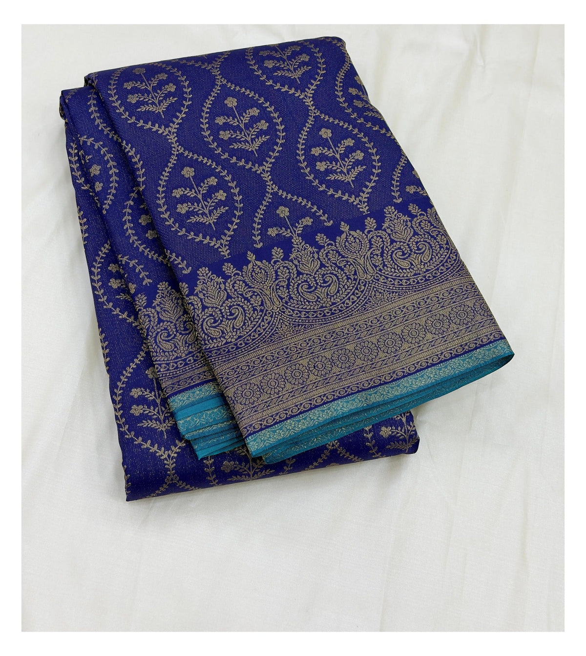 Royal Blue Pure Silk Saree with Teal Pallu and Floral Vine Motifs front view