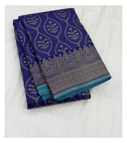 Royal Blue Pure Silk Saree with Teal Pallu and Floral Vine Motifs front view