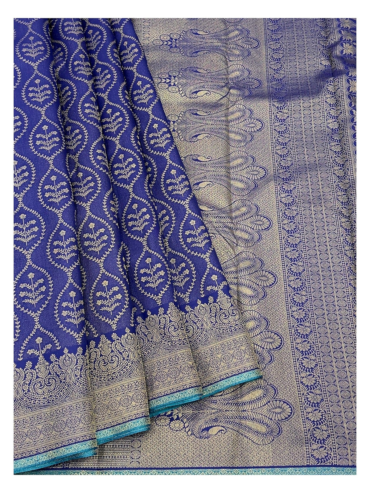 Royal Blue Pure Silk Saree with Teal Pallu and Floral Vine Motifs