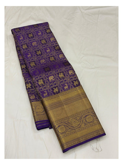 Royal Purple Handwoven Kanchipuram Silk Saree with Gold Woven Border and Animal Motifs