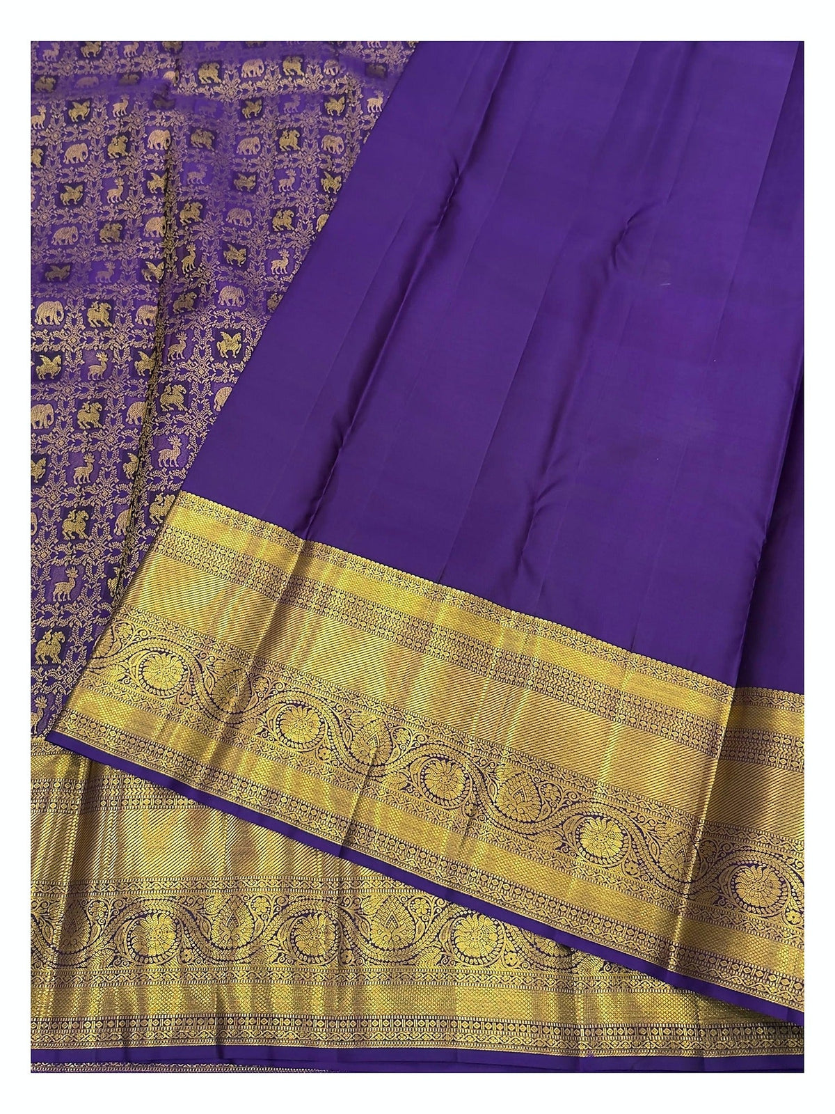 Royal Purple Handwoven Kanchipuram Silk Saree with Gold Woven Border and Animal Motifs