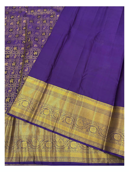 Royal Purple Handwoven Kanchipuram Silk Saree with Gold Woven Border and Animal Motifs