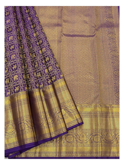 Royal Purple Handwoven Kanchipuram Silk Saree with Gold Woven Border and Animal Motifs