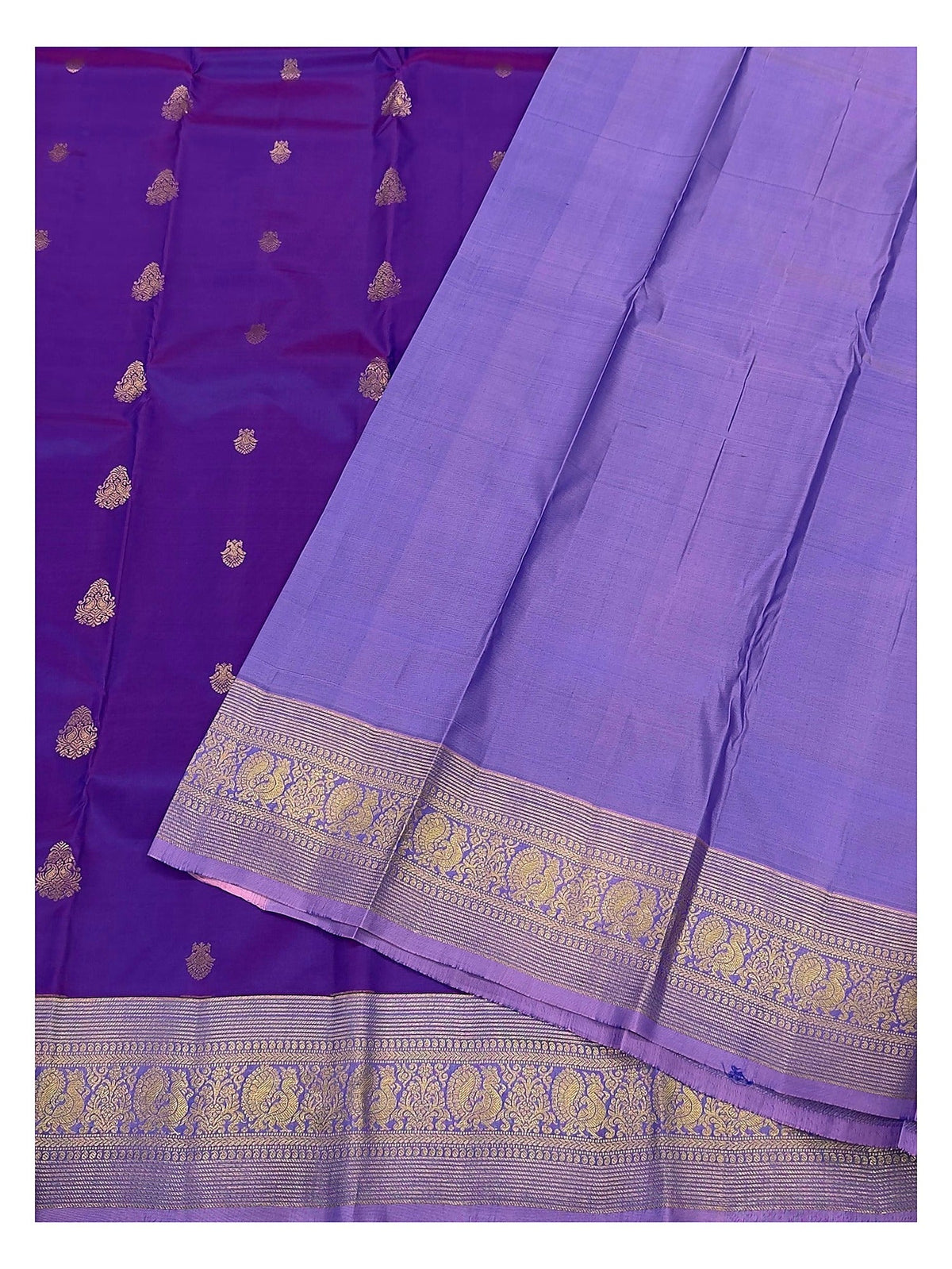 Royal Purple Handwoven Kanchipuram Silk Saree with Peacock Border and Lavender Pallu