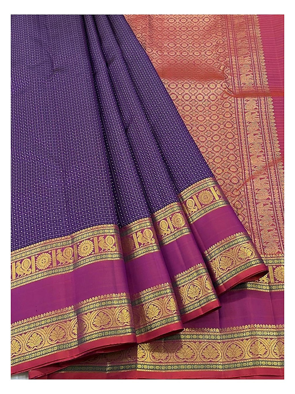 Royal Violet Handwoven Kanchipuram Silk Saree with Pink Contrast Border and Gold Peacock Panels front view