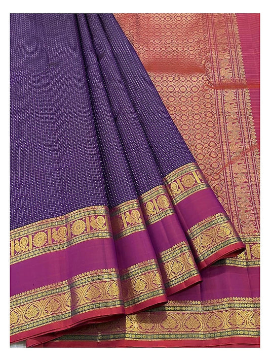 Royal Violet Handwoven Kanchipuram Silk Saree with Pink Contrast Border and Gold Peacock Panels front view