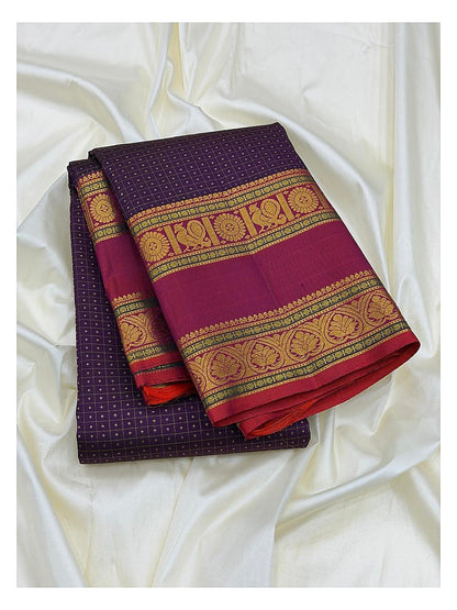 Royal Violet Handwoven Kanchipuram Silk Saree with Pink Contrast Border and Gold Peacock Panels