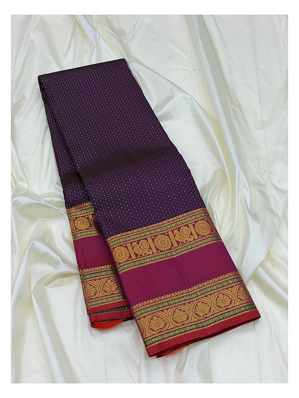 Royal Violet Handwoven Kanchipuram Silk Saree with Pink Contrast Border and Gold Peacock Panels