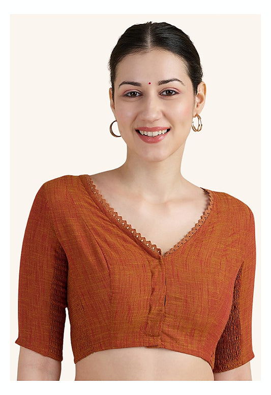 Rust Cotton Smocked Ready-Made Saree Blouse - V Neck with Elbow Sleeves front view