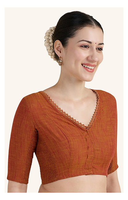 Rust Cotton Smocked Ready-Made Saree Blouse - V Neck with Elbow Sleeves